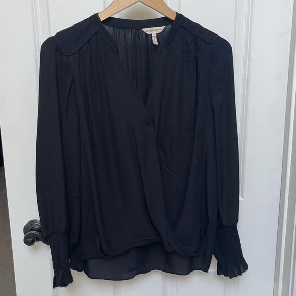 Rebecca Taylor Silk Blouse Long Sleeve Criss Cross Drape V-Neck Black Size 6 - Picture 2 of 10